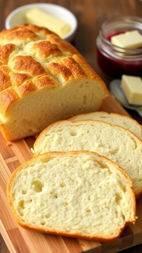 Freshly baked cottage cheese bread sliced on a wooden board with butter and jam.